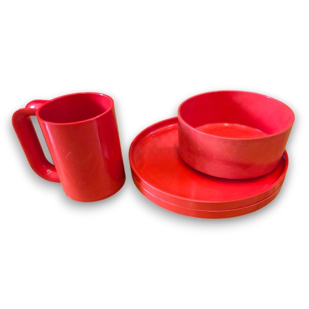 Vintage MCM Heller Massimo Vignelli Red Plastic Dinnerware Set Mug Bowl Plate